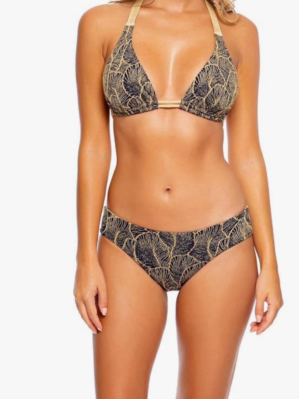 Luli Fama Black and Gold Leaf-Print Triangle Bikini